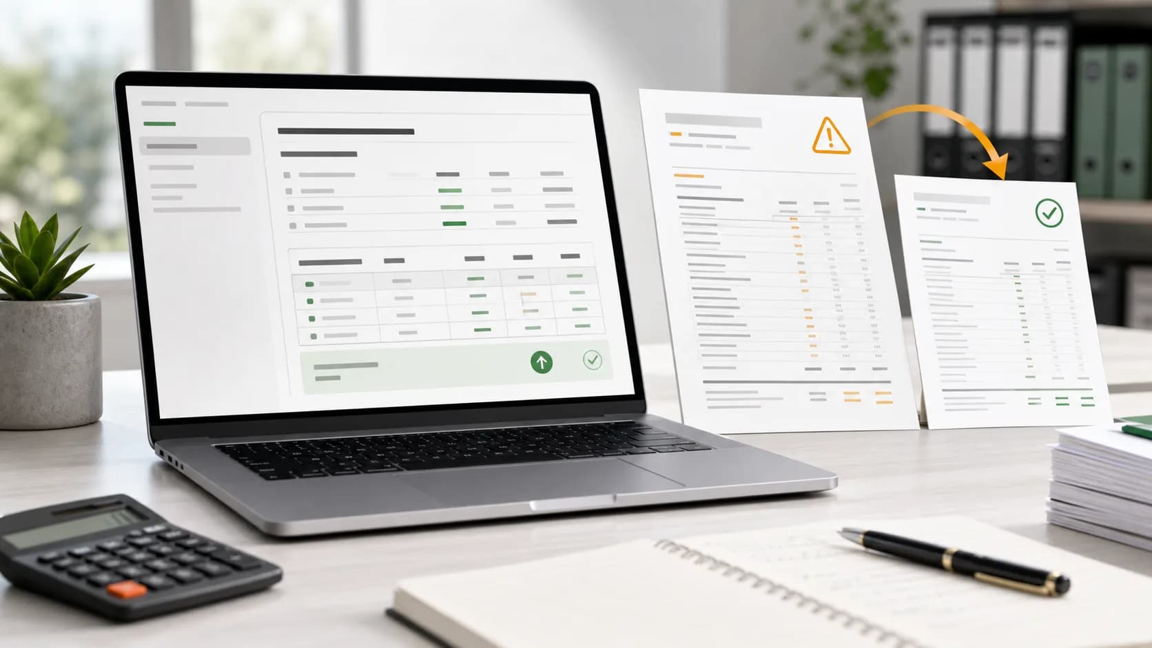 Laptop mit abstraktem Steuerreport und zwei Dokumenten, die einen auffälligen Vorabpauschalenwert prüfen.